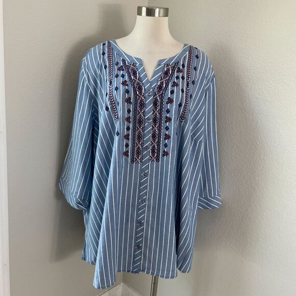 NEW Catherines Womens Plus 3X Embroidered Blue Stripe Tunic Top Long Sleeve - Picture 1 of 9